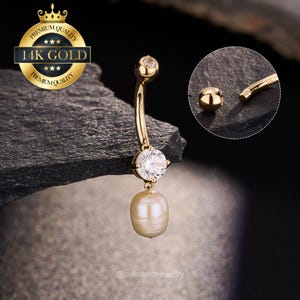 14K Solid Gold Dangle Pearl Belly Button Ring/Navel Ring/Curved Barbell/Belly Piercing/Navel Jewelry/Belly Bar/Navel Piercing/Dainty Gift