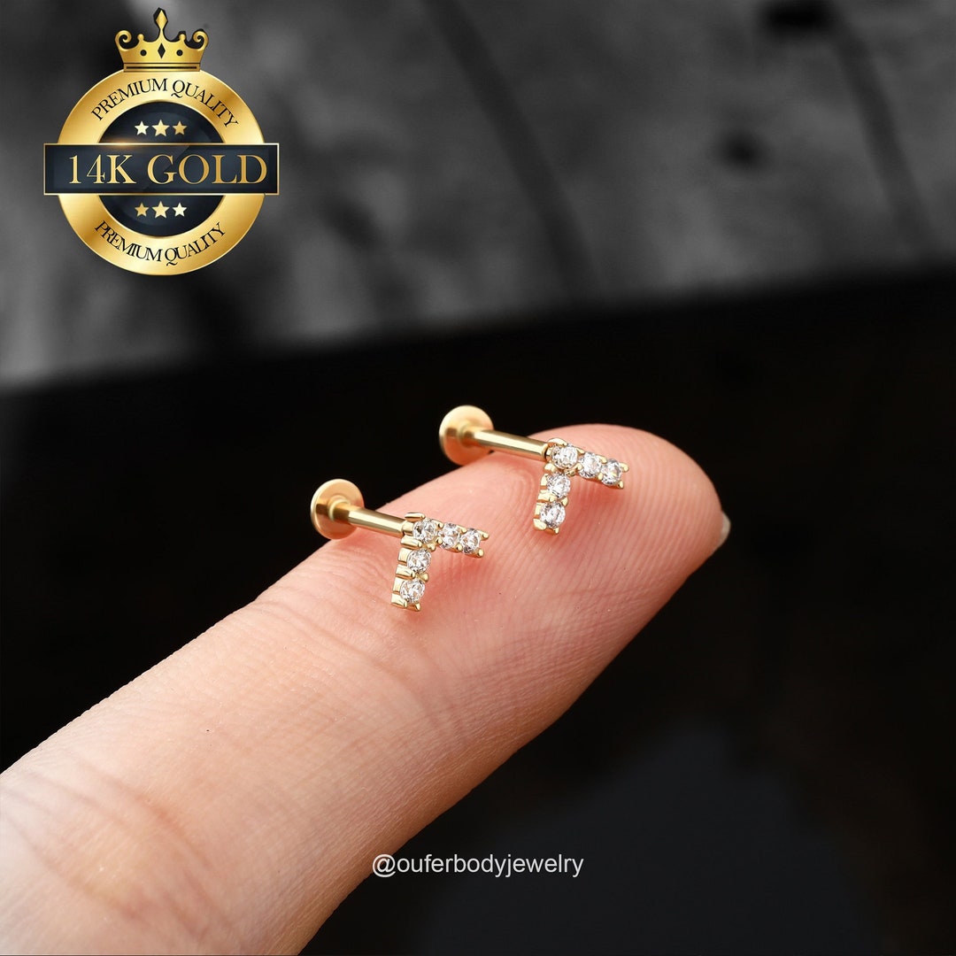 14K Solid Gold Tiny Gold Flat Back CZ Stud/threadless Push in Labret
