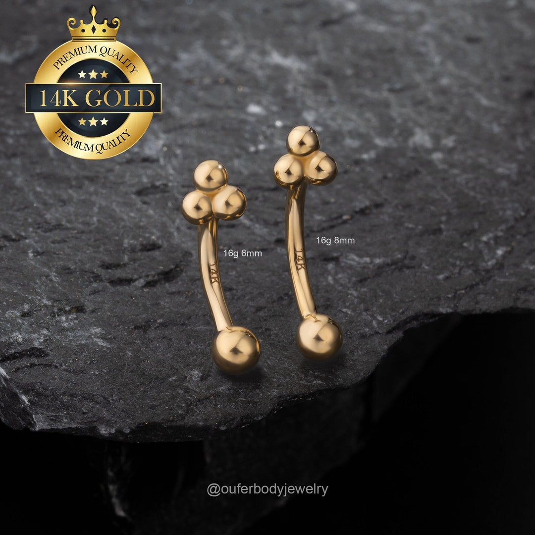 14K Solid Gold Trinity Bead Curved Barbell/eyebrow Ring/rook Earring ...