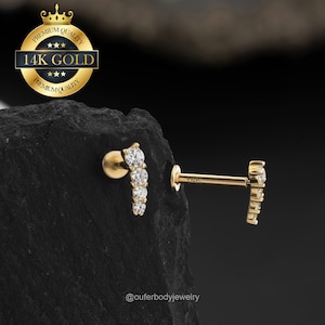 14 kt massief gouden verharde CZ-klaver kraakbeenoorbel/draadloze pushpin platte achterkant/binnenste schelp/helix/tragus/neus/oorlelstekker 20G 18G 16G