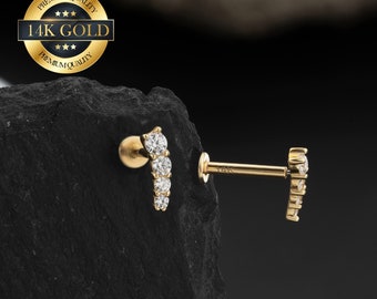 14K Solid Gold Paved CZ Climber Cartilage Earring/Threadless Push Pin Flat Back Stud/Inner Conch/Helix/Tragus/Nose/Earlobe Stud 20G 18G 16G