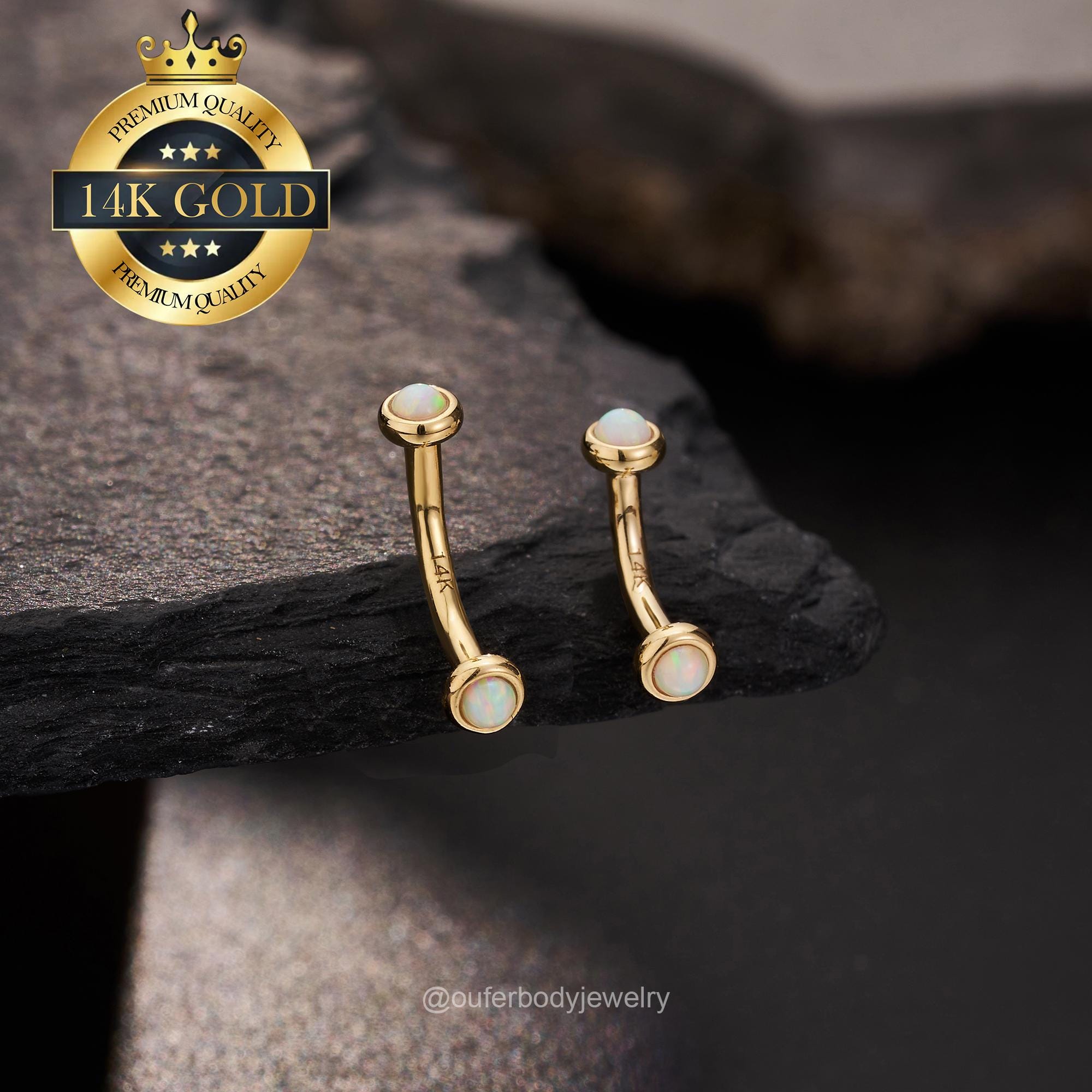 14K Solid Gold Internally Threaded Opal Eyebrow Ring/Vertical Labret/Rook Earring/Curved Barbell/ Eyebrow Piercing/Lip/Rook Barbell/1PCS