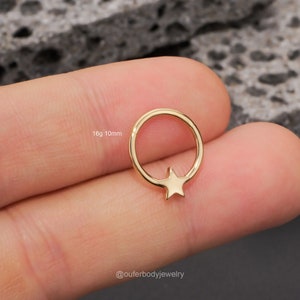 14K Solid Gold 16G Star Septum Ring/Hinged Daith Hoop Clicker/Cartilage Hoop/Septum Jewelry/Daith Jewelry/Helix/Tragus/Conch Piercing Hoop 10mm