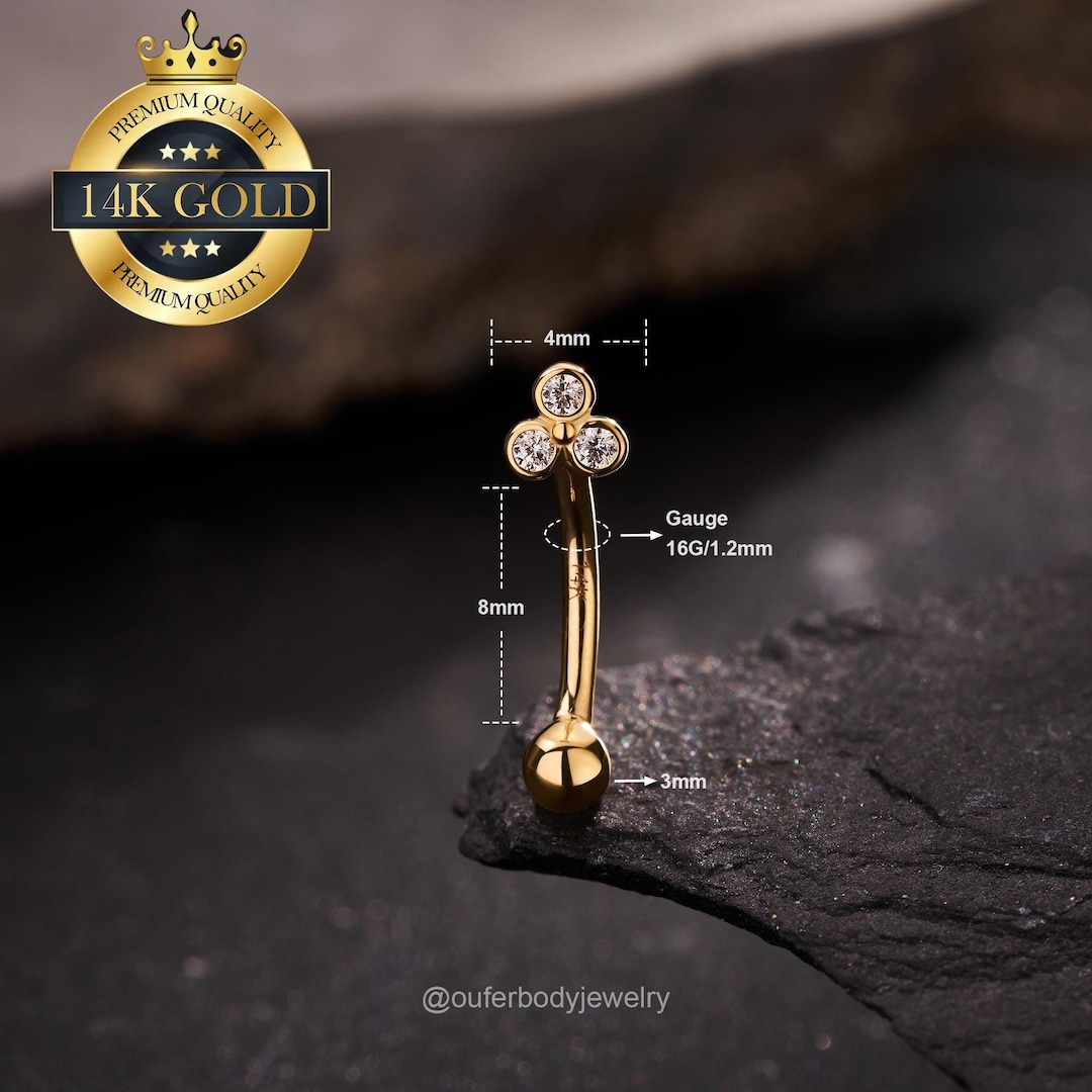 14K Solid Gold Trinity CZ Rook Earring/eyebrow Ring/rook Barbell/curved ...