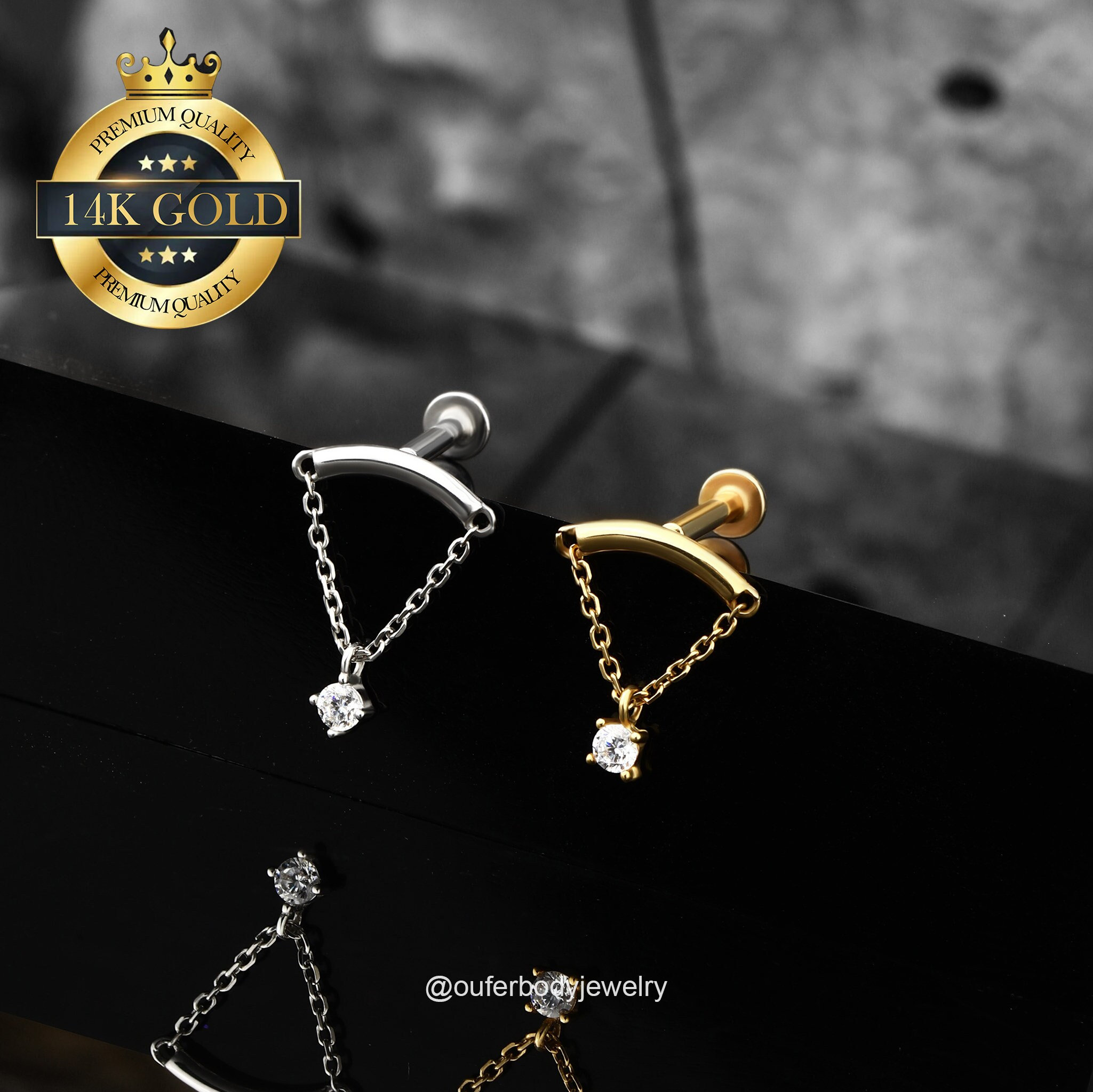 14K Solid Gold Threadless Dangle Hidden Helix Earrings/Cartilage Piercing/Rook Earring/Conch Stud/Tragus/Earlobe Flat back Stud 16g,18g,20g