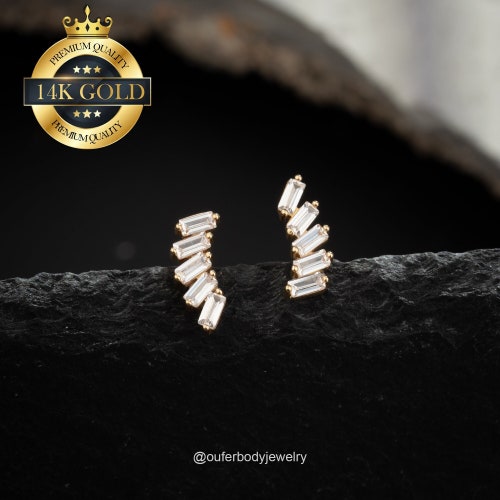 Boucle d'oreille cartilage grimpeur taille baguette en or 14 carats/puce sans fil à l'arrière plat/piercing conque/hélice/tragus/clous lobe d'oreille/cadeau pour elle