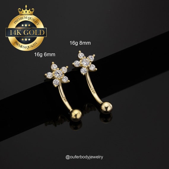 OUFER 14K Gold Rook Eyebrow Ring, Flower Eyebrow Rook Earring, CZ Diamond Rook Earring, 16g 6mm Curved Barbell, Eyebrow Rook Piercing Ring for Women