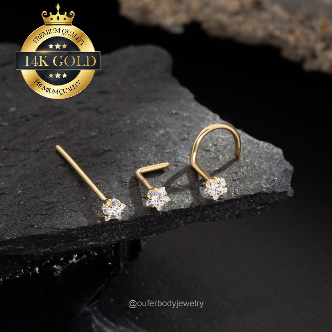14K Solid Gold Star CZ Nose Stud/20g Nose Piercing/nose Fishtail/nose Screw/l Shape Nose Ring