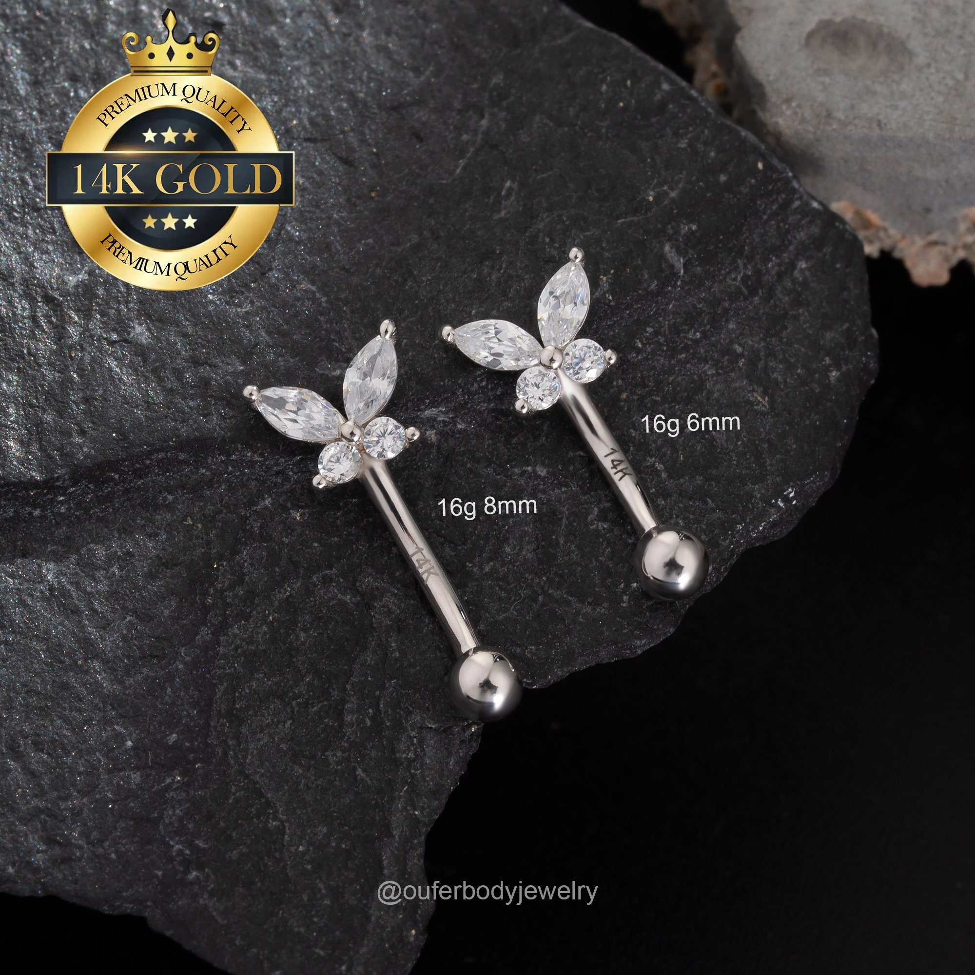 14K White Gold Butterfly Eyebrow Ring/16G Rook Earring/Vertical Labret/Curved Barbell/Cartilage Earring/Rook Piercing/Eyebrow Jewelry/Gifts