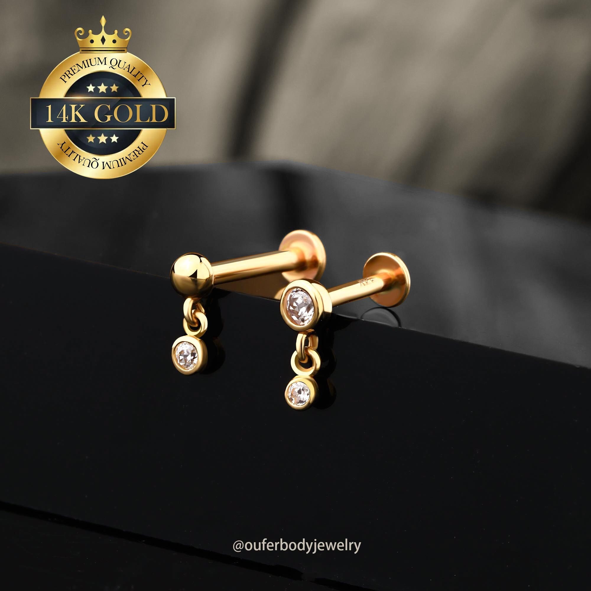 14K Solid Gold Round CZ Diamond Stud Drops/Dangling CZ Ball Stud Earring/Threadless Push Pin Labret Stud/Cartilage Helix Tragus Piercings