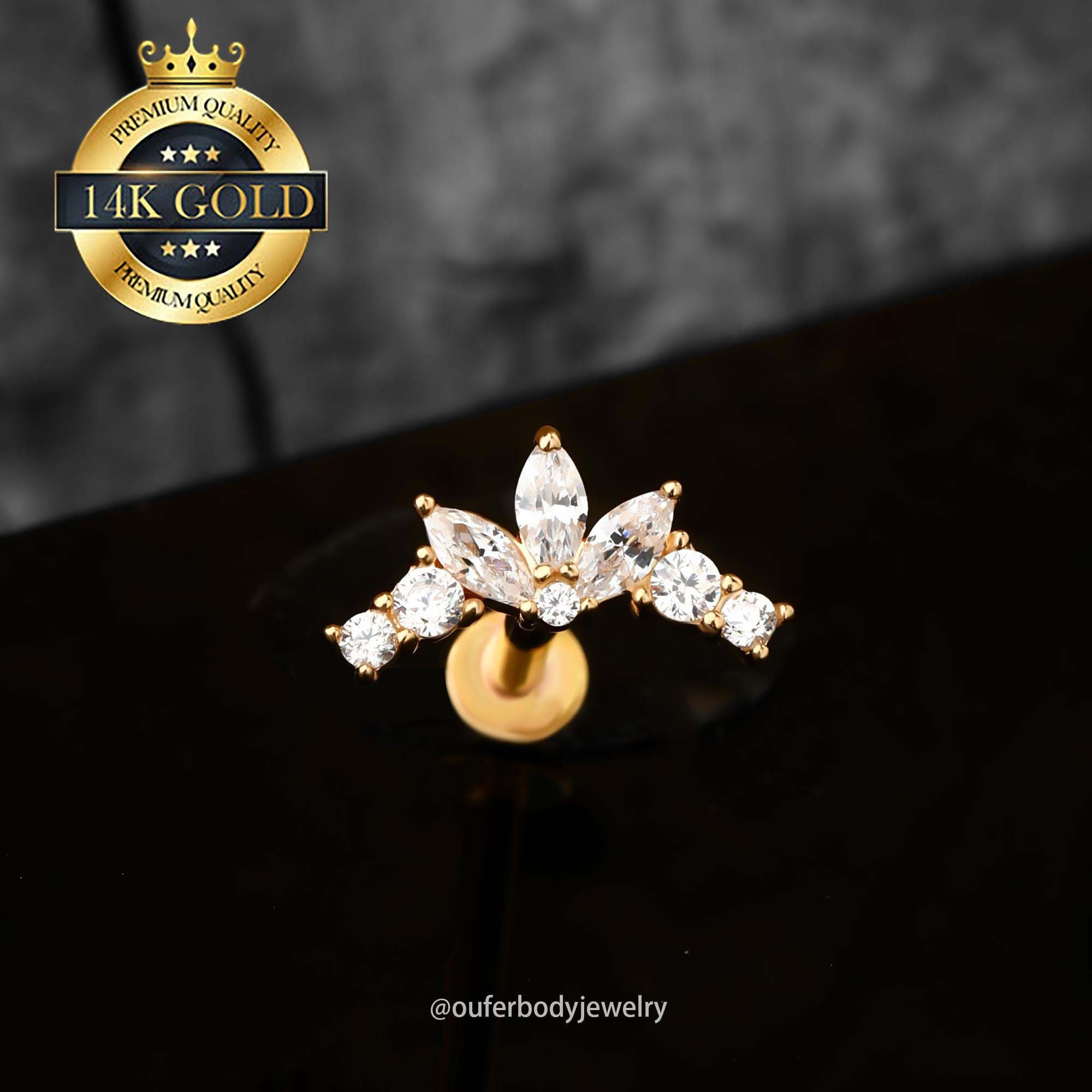 14K Solid Gold Climber Cartilage Stud/16G Internally Threaded Labret Stud/Conch Stud/Helix Stud/Tragus Stud/Flat Back Stud Earring/Gifts