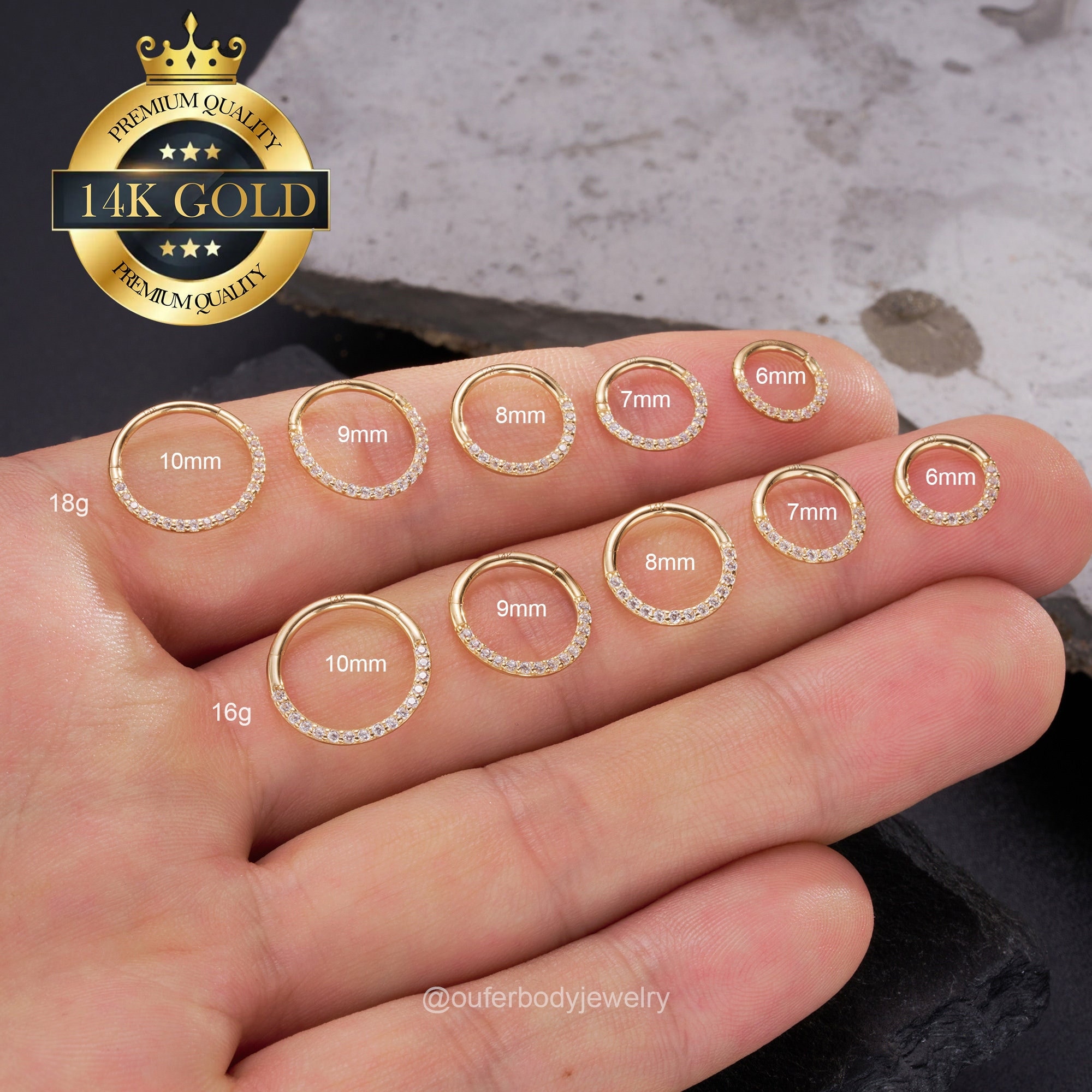 14K Solid Gold CZ Hinged Clicker Hoop/Cartilage Earring/Daith Jewelry/Septum Ring/Helix/Tragus/Conch/Rook Piercing/Huggie Tiny Hoops 16g/18g