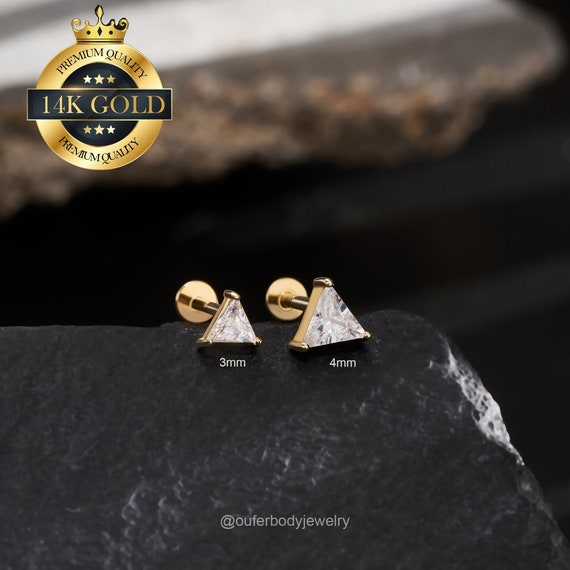 14KT Solid Yellow Gold Push In Threadless Flat Back CZ Labret Tragus Cartilage Stud 14KT Solid Yellow Gold Push In Threadless Flat Back CZ Labret Tragus Cartilage Stud