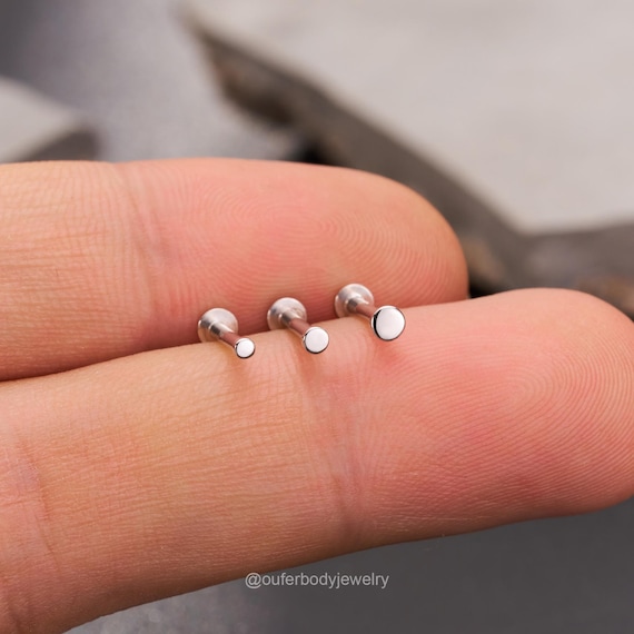 14K White Gold Tiny Flat Disc Threadless Push Pin Labret