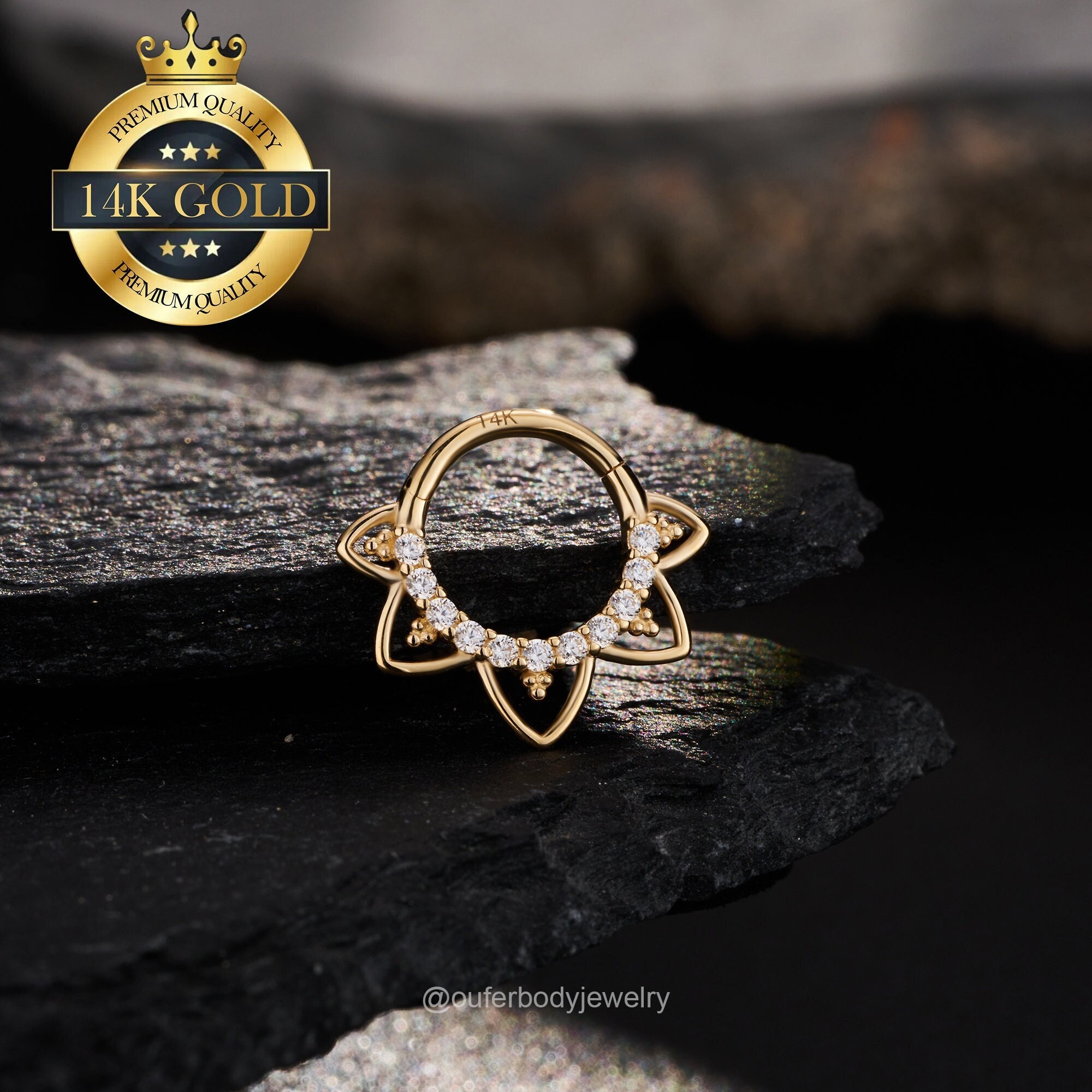 14K Solid Gold Lotus Flower Hinged Daith Hoop Clicker/Cartilage Hoop/Septum Jewelry/Flower Petal Daith Jewelry/Helix/Tragus/Conch Hoop/Gifts
