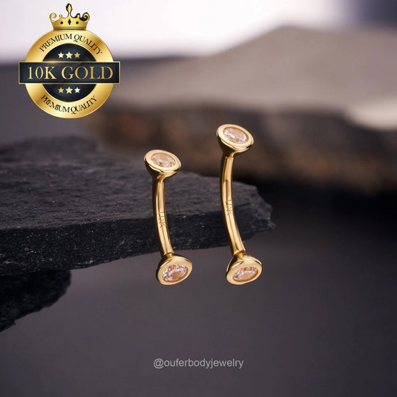 10K Solid Gold Internally Threaded CZ Eyebrow Ring/vertical Labret