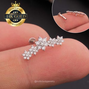 14K Solid White Gold Five Flower Interanlly Threaded Stud Earrings/Cartilage Earrings/Conch Stud/Helix Stud/Earlobe Stud/Flat Back Earrings