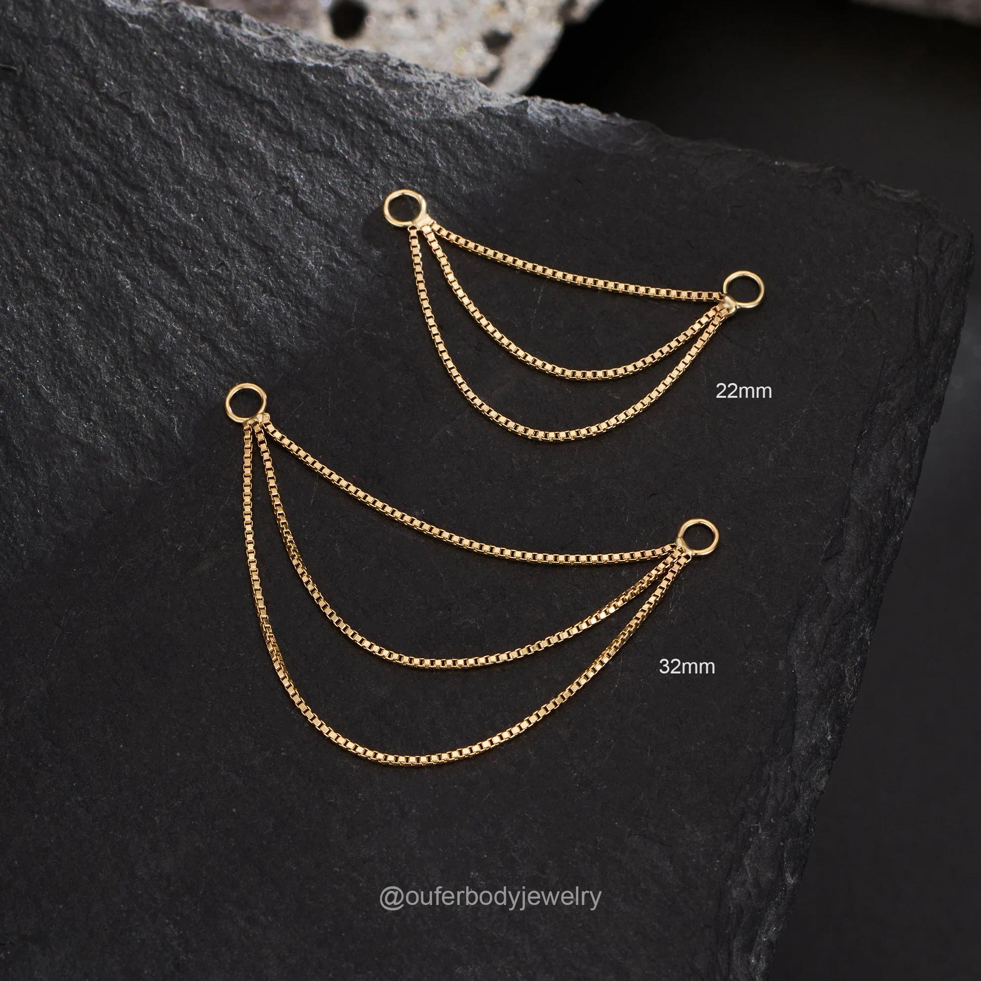 14K Solid Gold Dangle Triple Chain Attachment/loop Chain Earring/helix ...