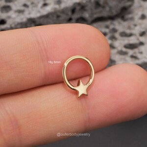 14K Solid Gold 16G Star Septum Ring/Hinged Daith Hoop Clicker/Cartilage Hoop/Septum Jewelry/Daith Jewelry/Helix/Tragus/Conch Piercing Hoop 8mm