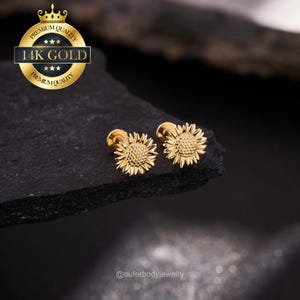 14K Solid Gold Sun Flower Threadless Flat Back Stud Earring/Push Pin Stud/Cartilage/Helix/Conch/Tragus/Nose Stud/Tiny Gold Stud 20G 18G 16G