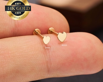 14K Solid Gold Herz fadenlose flache Rückseite Bolzenohrring/Push Pin Bolzen/Knorpel/Helix/Conch/Tragus/Nasen Bolzen/Tiny Gold Bolzen 20G 18G 16G