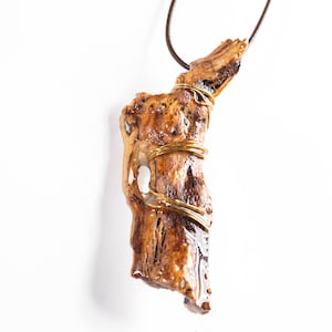 Desert Hideout Necklace, Gift For Nature Lovers, Unisex Gift Wrapped in Gold Wire, Cacti Wood Coated In Resin, One Of A Kind Nature Charm