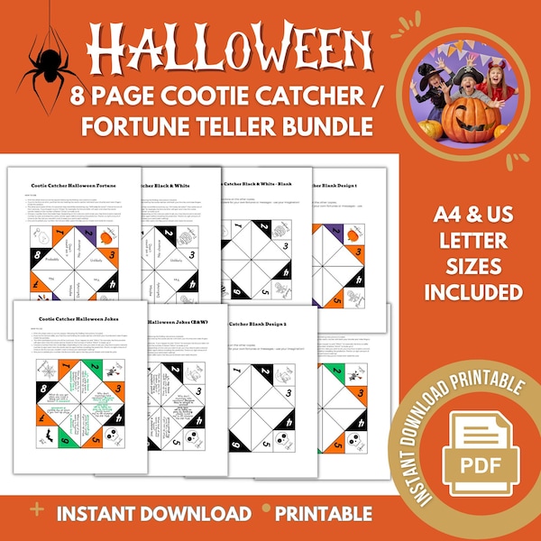 Halloween Cootie Catcher Fortune Teller Bundle Paper Folding Game Chatterbox Jokes Blank Template Print Friendly Instant Download Printable