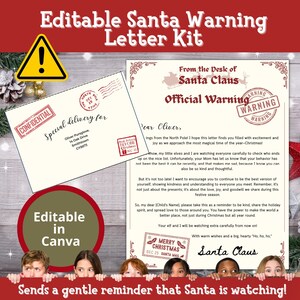 Plantilla Canva editable de carta de advertencia de Papá Noel, informe de comportamiento infantil, carta de Papá Noel, descarga instantánea de PDF, edición e impresión