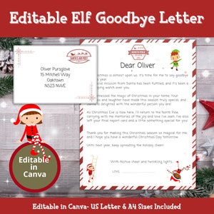 May include: A printable letter from an elf to a child, with a red and white striped border. The letter says "Dear Oliver" and includes a message about the elf's time at the North Pole. The letter is editable in Canva and includes US Letter and A4 sizes.