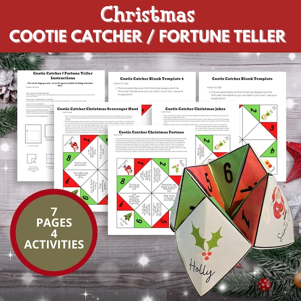 Fortune Teller Cootie Catcher Chatterbox Christmas Themed - Jokes, Scavenger Hunt, Activities, Fortunes - 4 kids activities INSTANT DOWNLOAD