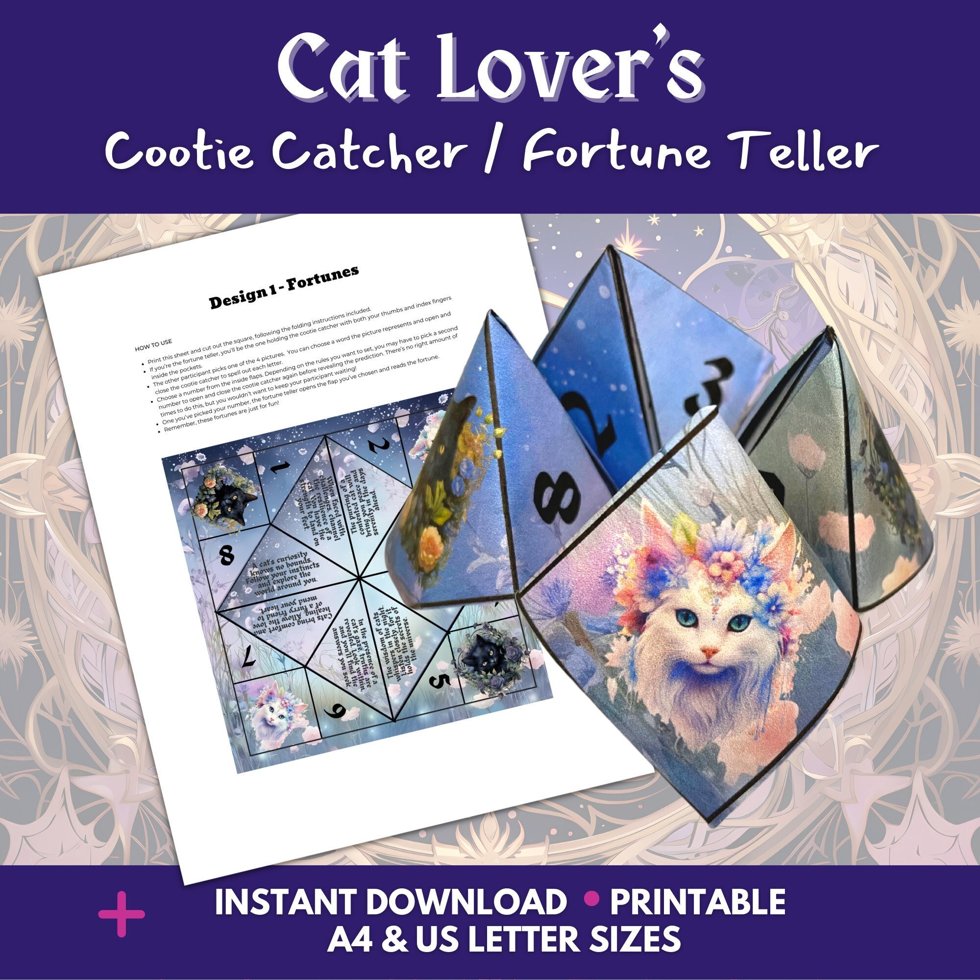 Cootie Catcher Fortune Teller Chatterbox Printable Game Cat Themed