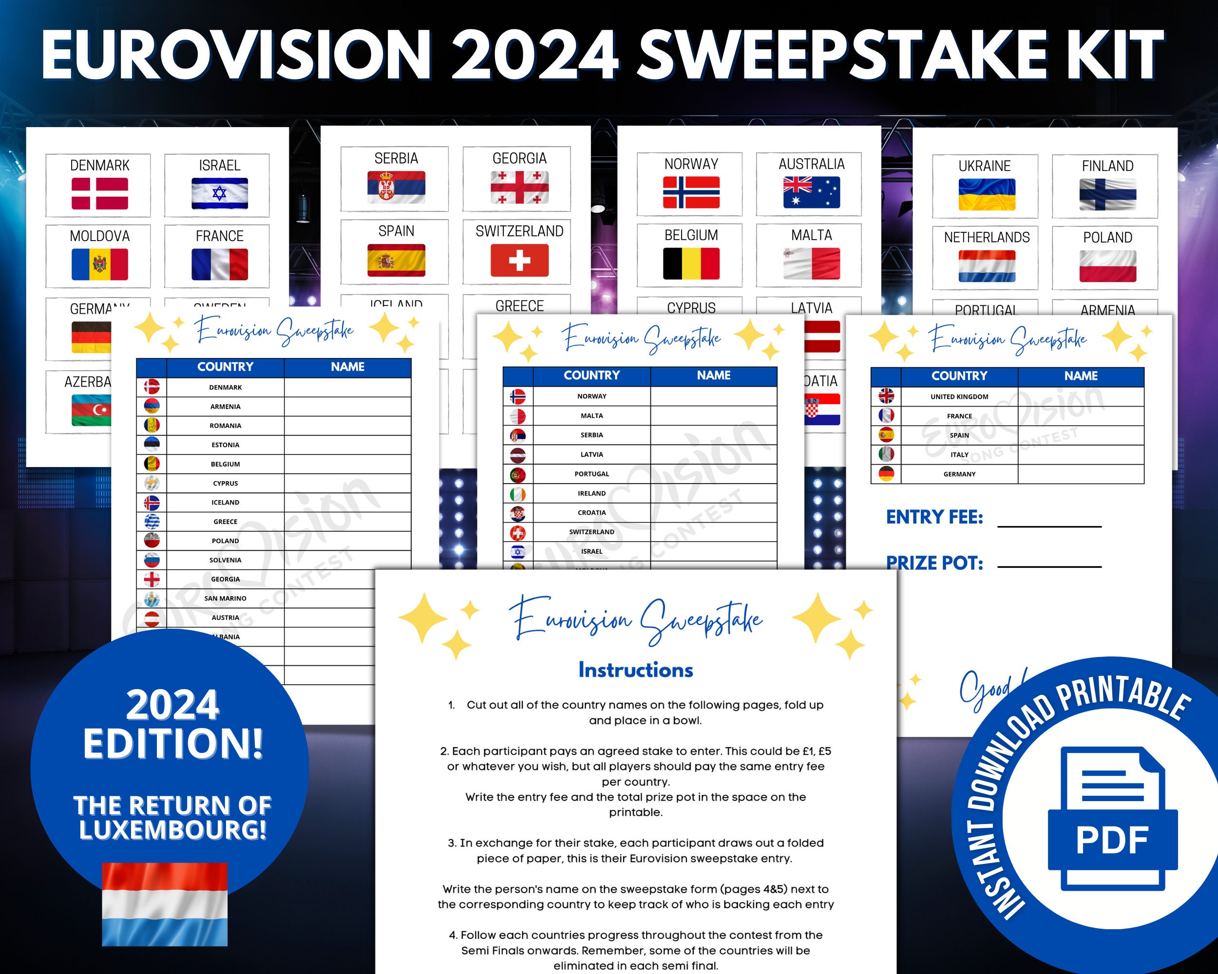 Eurovision Song Contest 2024 Sweepstake Kit Printable Party Game Office