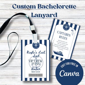 Lanyard Lets Get Nauti vrijgezellenfeest bewerkbare canvassjabloon, nautisch vrijgezellenfeest aangepast bericht champagne VIP-pas bruiden laatste zeil