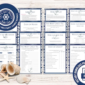 Nautical Bachelorette Printable Games Bundle, Hen Party Boat themed drinking games, Clean dirty instant download party games, ask the groom