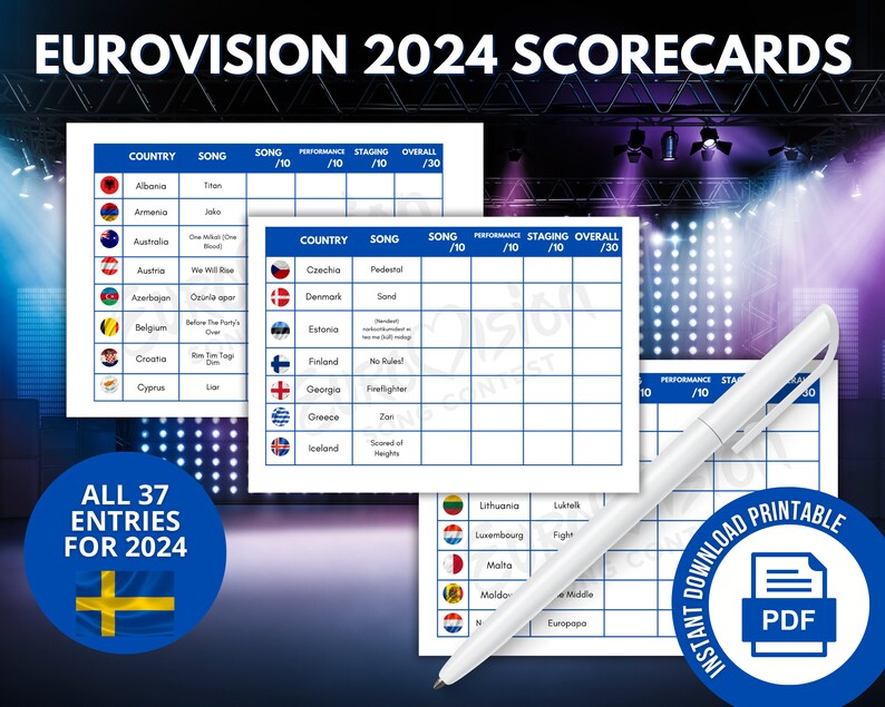Eurovision Song Contest Scorecards 2024 All 37 Entries Song Titles A4 & A5 Sizes Print Friendly