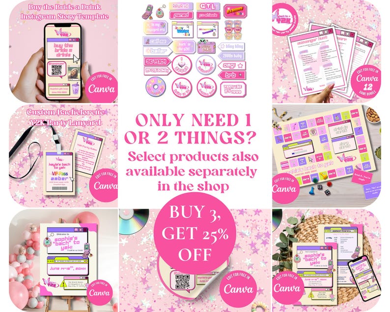 Y2k Bachelorette Party Bundle: Editable Canva Templates (Digital Download)