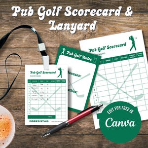 Cartão de pontuação de golfe de pub editável A5 e tamanho de cordão, despedida de solteiro, aniversário, pub crawl, jogo de bebida para impressão, edite no Canva, noivo para ser