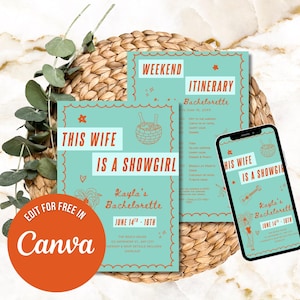 Pode incluir: Um convite e itinerário de despedida de solteira em azul-petróleo e laranja. O convite diz "This Wife is a Showgirl" com o nome "Kayla" e as datas de 14 a 16 de junho. Um smartphone exibe o mesmo design. O logotipo da Canva também é visível.