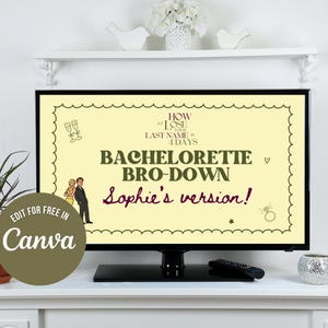 Puede incluir: Una pantalla digital que muestra un gráfico de color amarillo claro con un borde festoneado. El texto dice How to Lose Your Last Name in 4 Days, Bachelorette Bro-Down y Sophie's version! Incluye ilustraciones de una pareja, copas y un anillo.