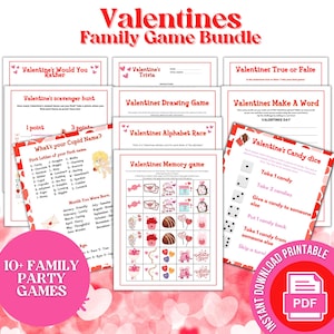 Valentines Day family game bundle, party games, candy dice, trivia game, scavenger hunt, whats your cupid name, instant download, printable