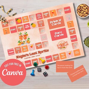Let&#39;s Get Spritzed Bachelorette Party Board Game Edit in Canva Aperol Hen Party Funny Drinking Game Custom Bride&#39;s Last Spritz