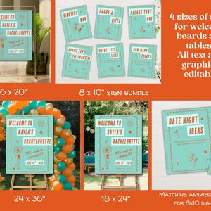 May include: A collection of teal event signs with orange text and showgirl graphics. The signs feature phrases like Welcome to Kayla's Bachelorette, Martini Bar, Cards & Gifts, Please Take One, Advice for the Showgirl, Bucket List Ideas, and Date Night Ideas.