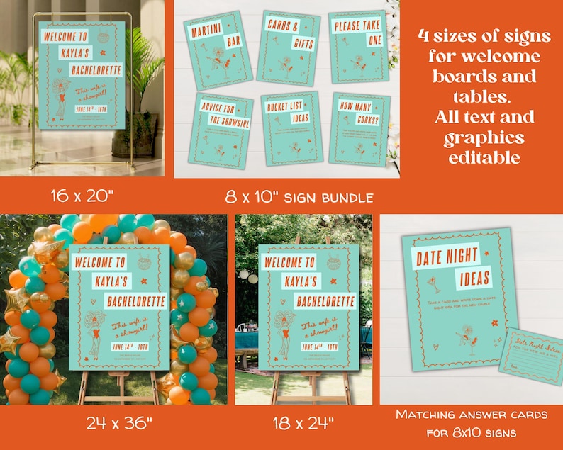 May include: A collection of teal event signs with orange text and showgirl graphics. The signs feature phrases like Welcome to Kayla's Bachelorette, Martini Bar, Cards & Gifts, Please Take One, Advice for the Showgirl, Bucket List Ideas, and Date Night Ideas.