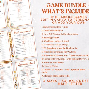 May include: A digital game bundle for bridal showers featuring 12 printable game sheets with orange text and showgirl illustrations. The list includes titles like Scavenger Hunt, Bride or Groom, and 20 Questions, available in A4, A5, US Letter, and Half Letter sizes.