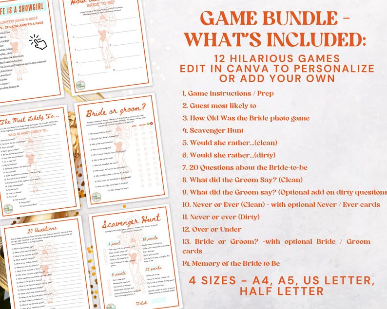May include: A digital game bundle for bridal showers featuring 12 printable game sheets with orange text and showgirl illustrations. The list includes titles like Scavenger Hunt, Bride or Groom, and 20 Questions, available in A4, A5, US Letter, and Half Letter sizes.