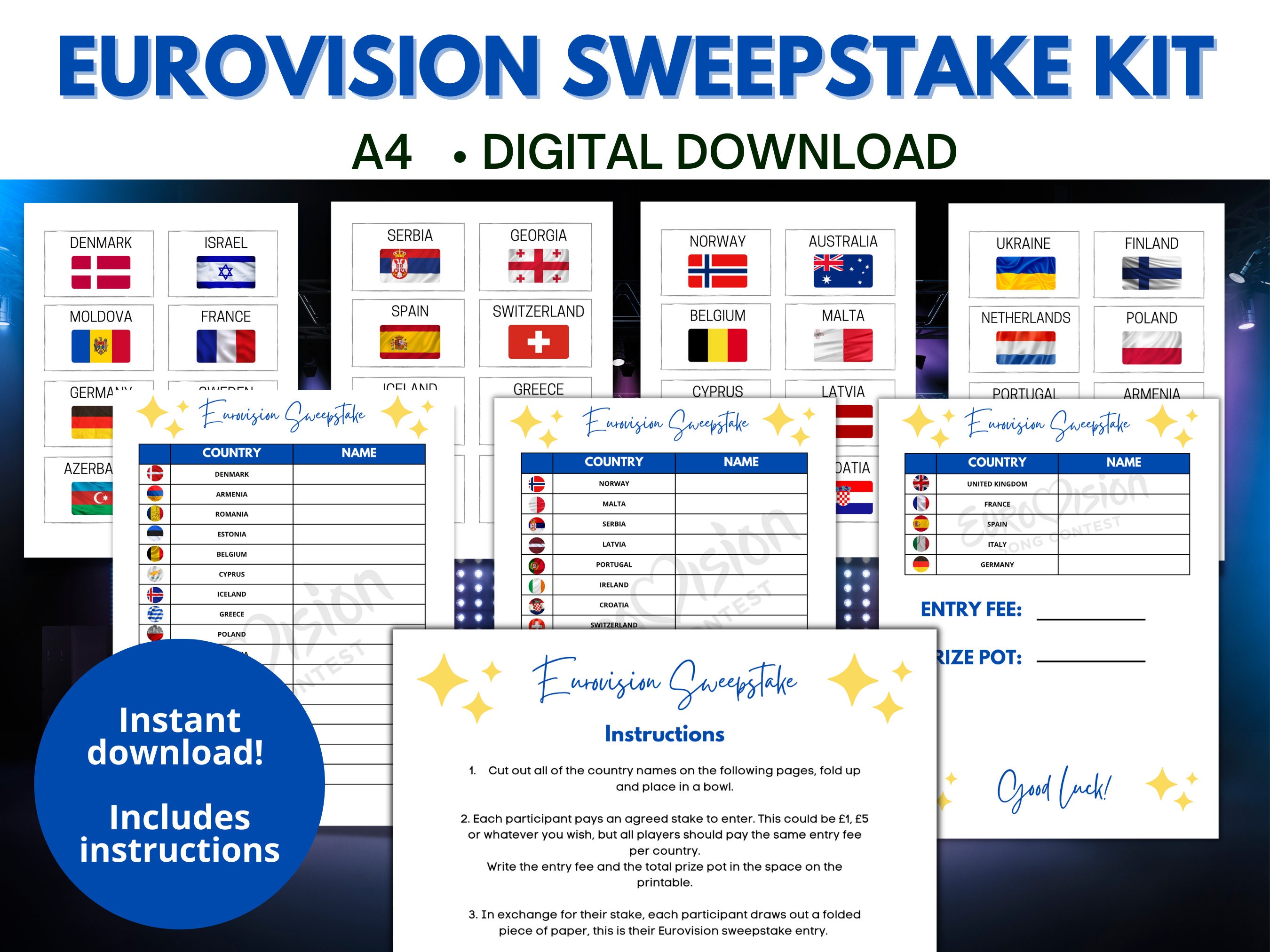 Eurovision Song Contest 2023 Sweepstake Kit Printable Party Game Office