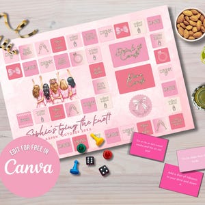 She&#39;s Tying The Knot Coquette Bachelorette Party Board Game Edit in Canva Pink Bow Hen Party Funny Drinking Game Custom Drink or Dare
