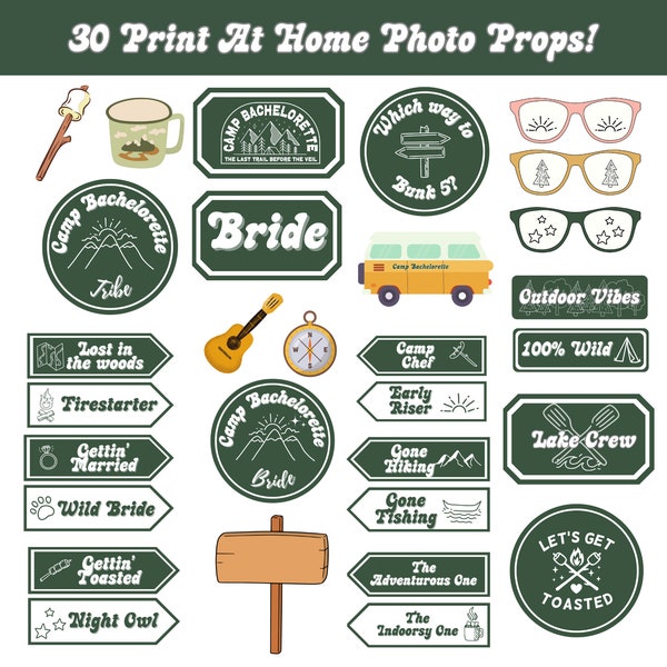 Camp Bachelorette Photo Props 30 Print at home Selfie Props Lets Get Toasted Funny Adult Photobooth Sign Hen Party Instant Download