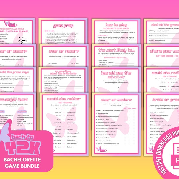 Bach to Y2K Bachelorette party printable games 2000s theme Hen Party games clean and dirty versions, ask the groom, 13 instant download pdf