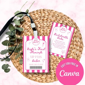 Plantilla editable de Canva para cordón imprimible de despedida de soltera con flamencos, mensaje personalizado, pase VIP con champán, despedida de soltera en la playa tropical